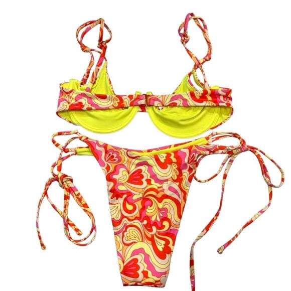 NWOT OneOne Swimwear Floral Tie Side Two Piece Bikini Set Multicolor Large - Picture 2 of 4